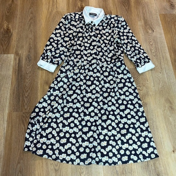 Vintage Tabby California Daisy Print Button Front Elbow Sleeve Collar Dress L - Picture 1 of 8